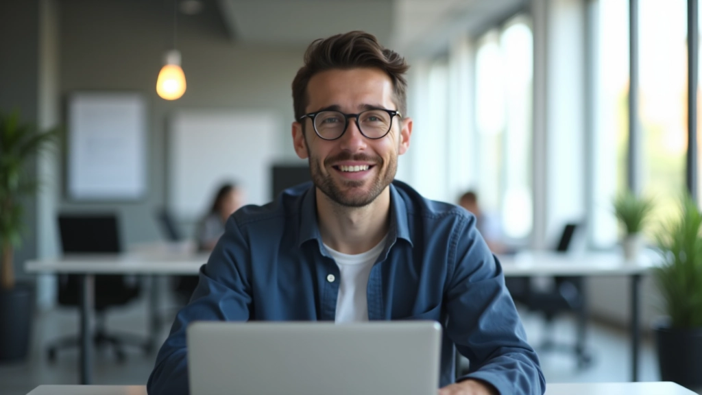 Vývojář v kancelářském prostředí pracuje na kódu, monitor zobrazuje JavaScript implementaci s Intersection Observer