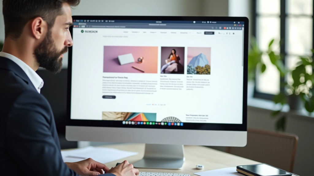 Počítačový monitor zobrazující jednotránkový web s různobarevnými sekcemi a čistým dělením