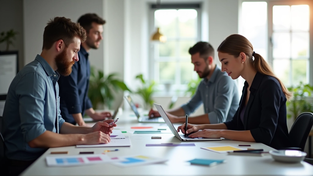 Tým vývojářů pracující na kódu a designu jednostránkového webu v moderní kanceláři