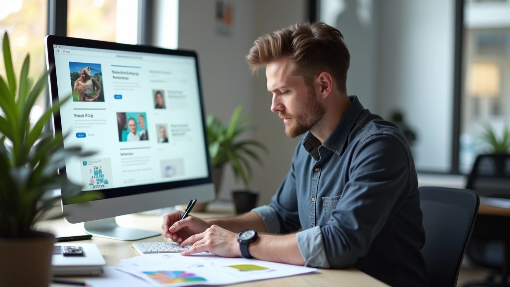 Webový designer pracující na designu jednostránkového webu, skicuje rozložení sekcí