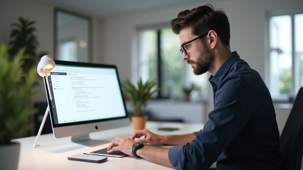 Návrhář pracující na webu s navigačními prvky viditelné na monitoru