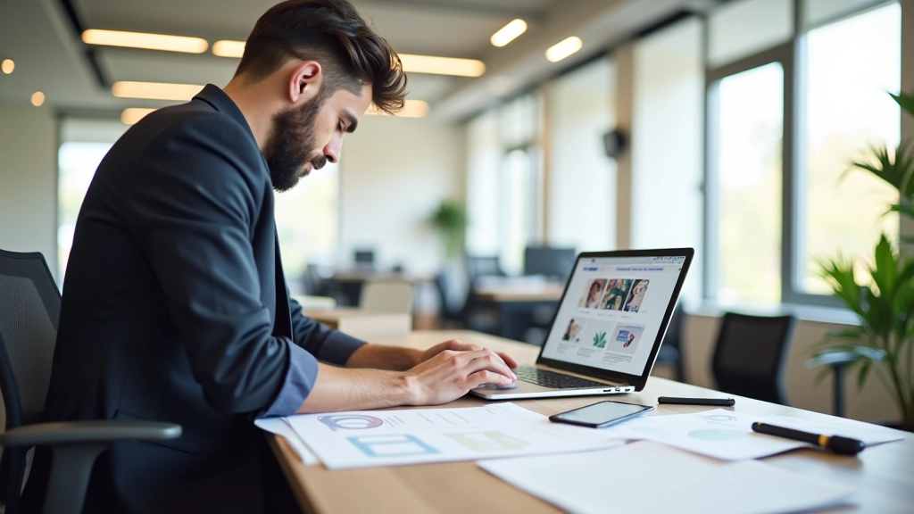 Webový designer pracuje na prototypu s asymetrickými tvary a kreativními oddělovači sekcí